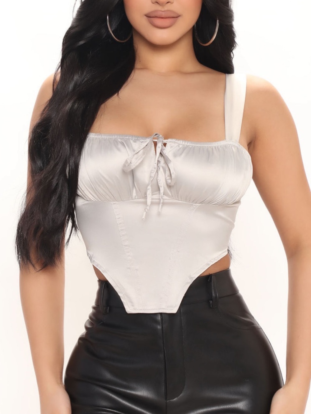 Fashion Nova Stone Satin Bustier Crop Top with Tie Front